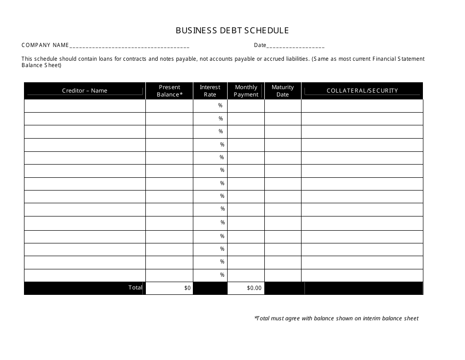 Business Debt Schedule Template - Black and White, Page 1