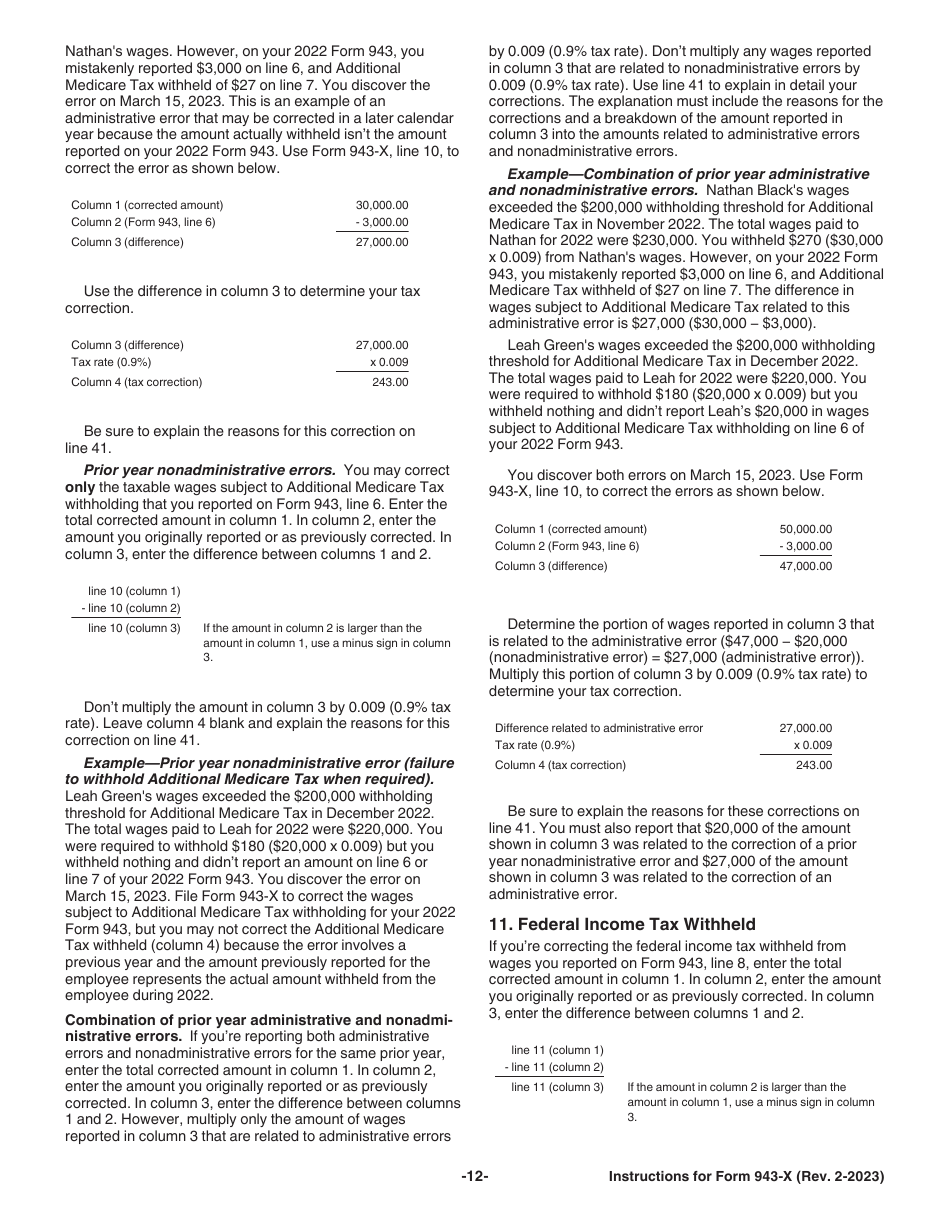 Instructions for IRS Form 943-X Adjusted Employers Annual Federal Tax Return for Agricultural Employees or Claim for Refund, Page 12