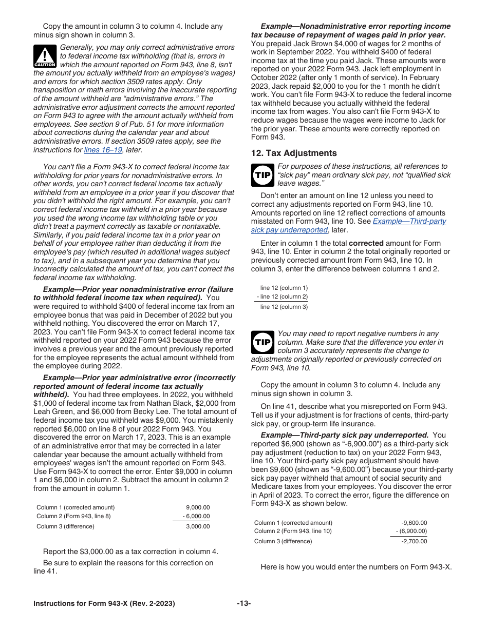 Instructions for IRS Form 943-X Adjusted Employers Annual Federal Tax Return for Agricultural Employees or Claim for Refund, Page 13