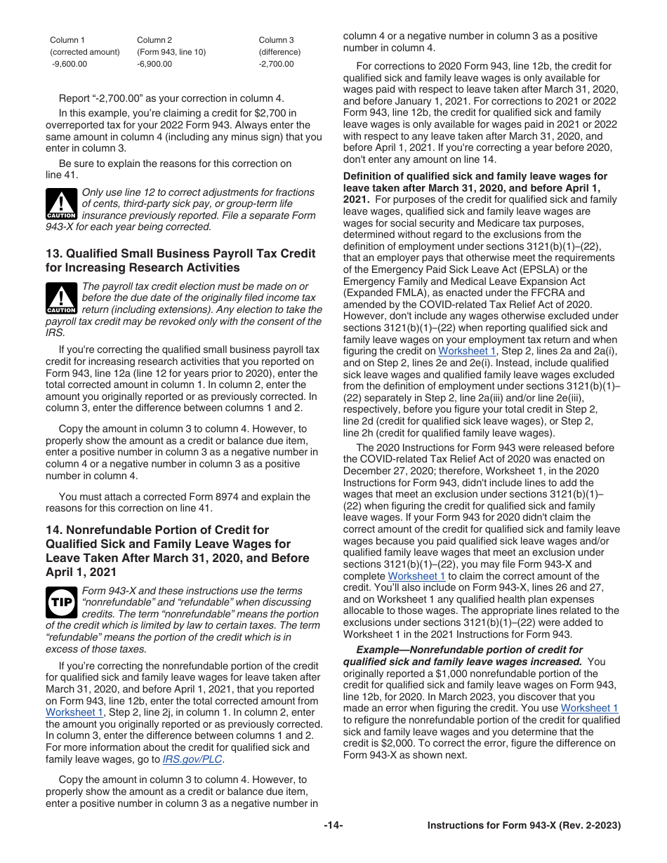 Instructions for IRS Form 943-X Adjusted Employers Annual Federal Tax Return for Agricultural Employees or Claim for Refund, Page 14