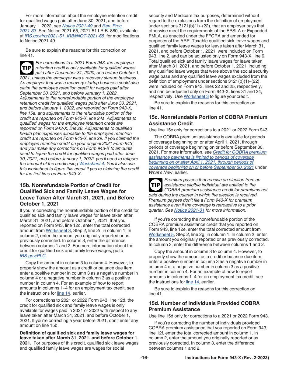 Instructions for IRS Form 943-X Adjusted Employers Annual Federal Tax Return for Agricultural Employees or Claim for Refund, Page 16