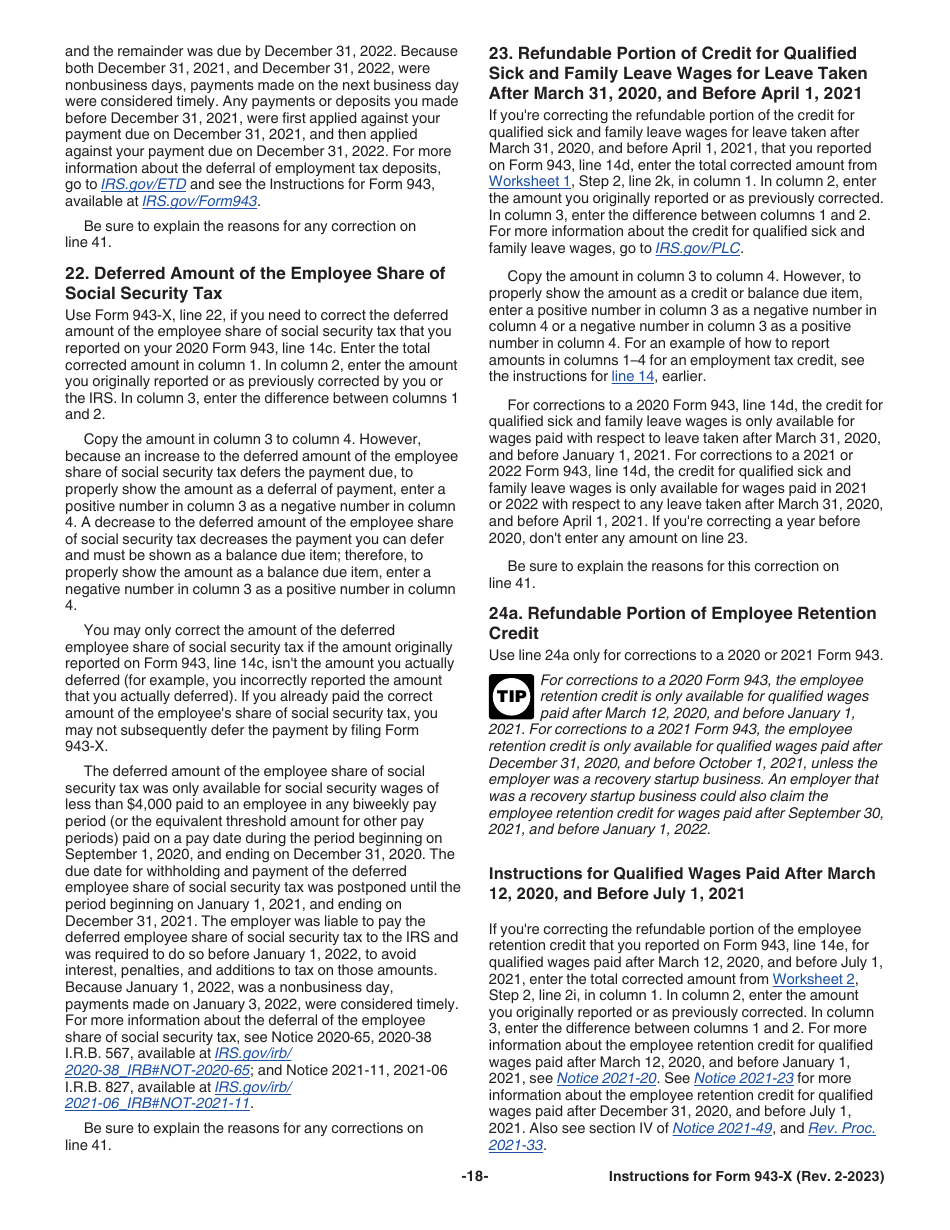 Instructions for IRS Form 943-X Adjusted Employers Annual Federal Tax Return for Agricultural Employees or Claim for Refund, Page 18
