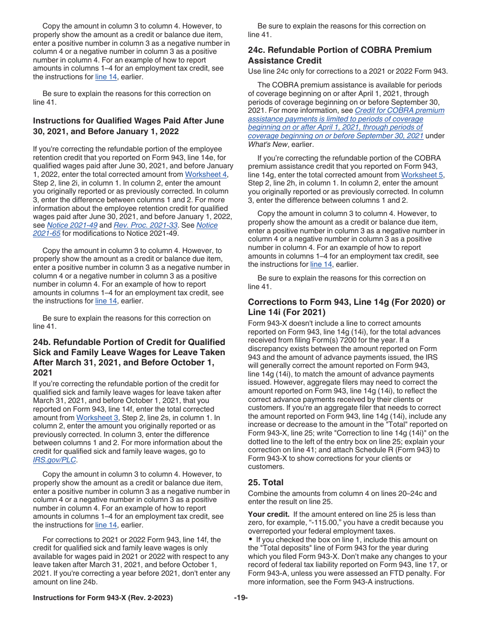 Instructions for IRS Form 943-X Adjusted Employers Annual Federal Tax Return for Agricultural Employees or Claim for Refund, Page 19