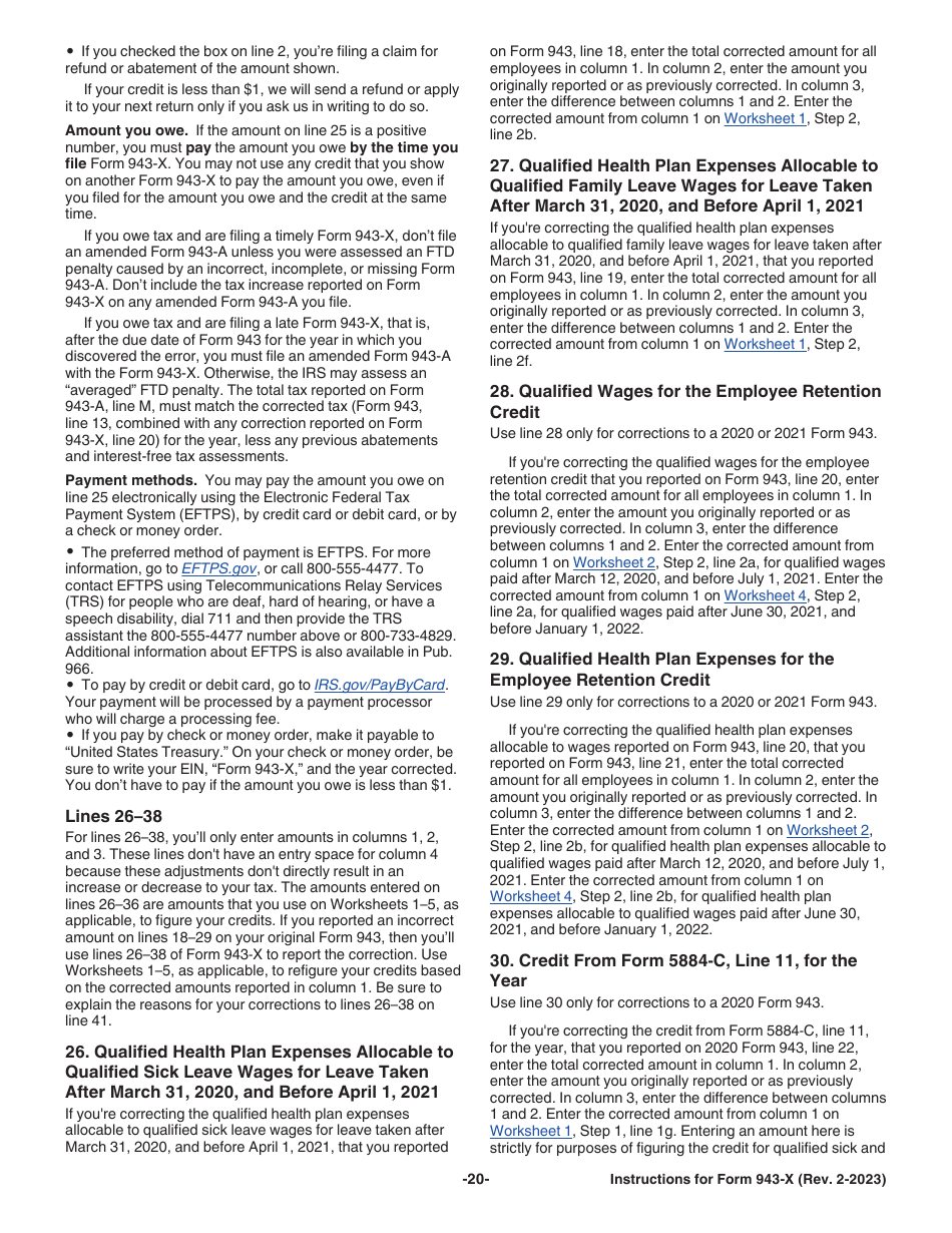 Instructions for IRS Form 943-X Adjusted Employers Annual Federal Tax Return for Agricultural Employees or Claim for Refund, Page 20