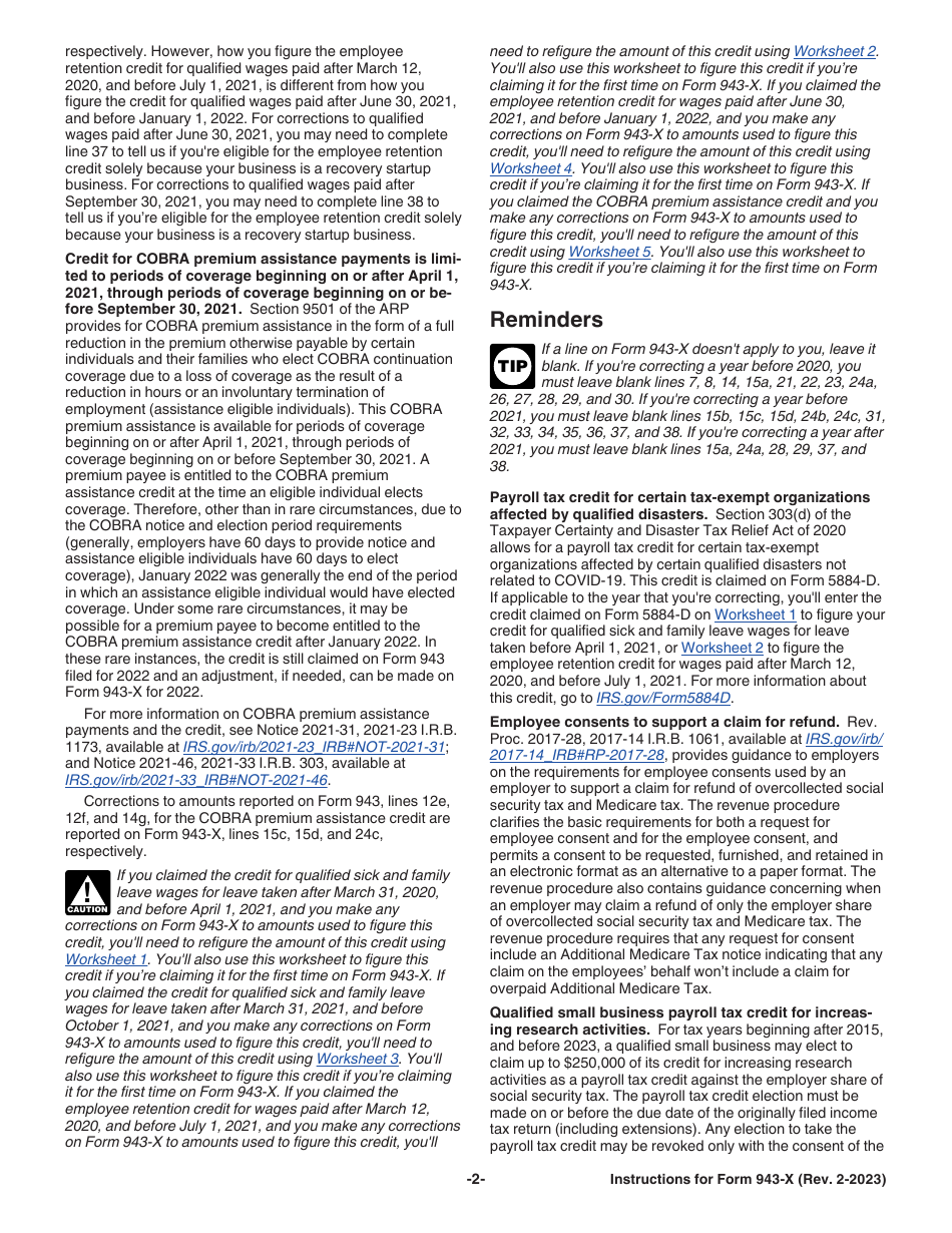 Instructions for IRS Form 943-X Adjusted Employers Annual Federal Tax Return for Agricultural Employees or Claim for Refund, Page 2