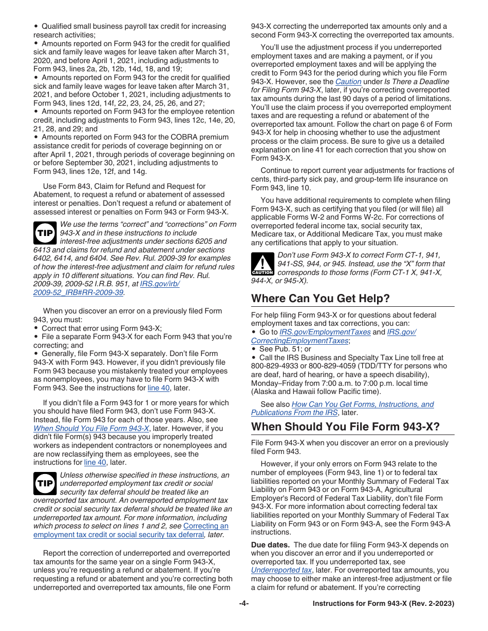 Instructions for IRS Form 943-X Adjusted Employers Annual Federal Tax Return for Agricultural Employees or Claim for Refund, Page 4