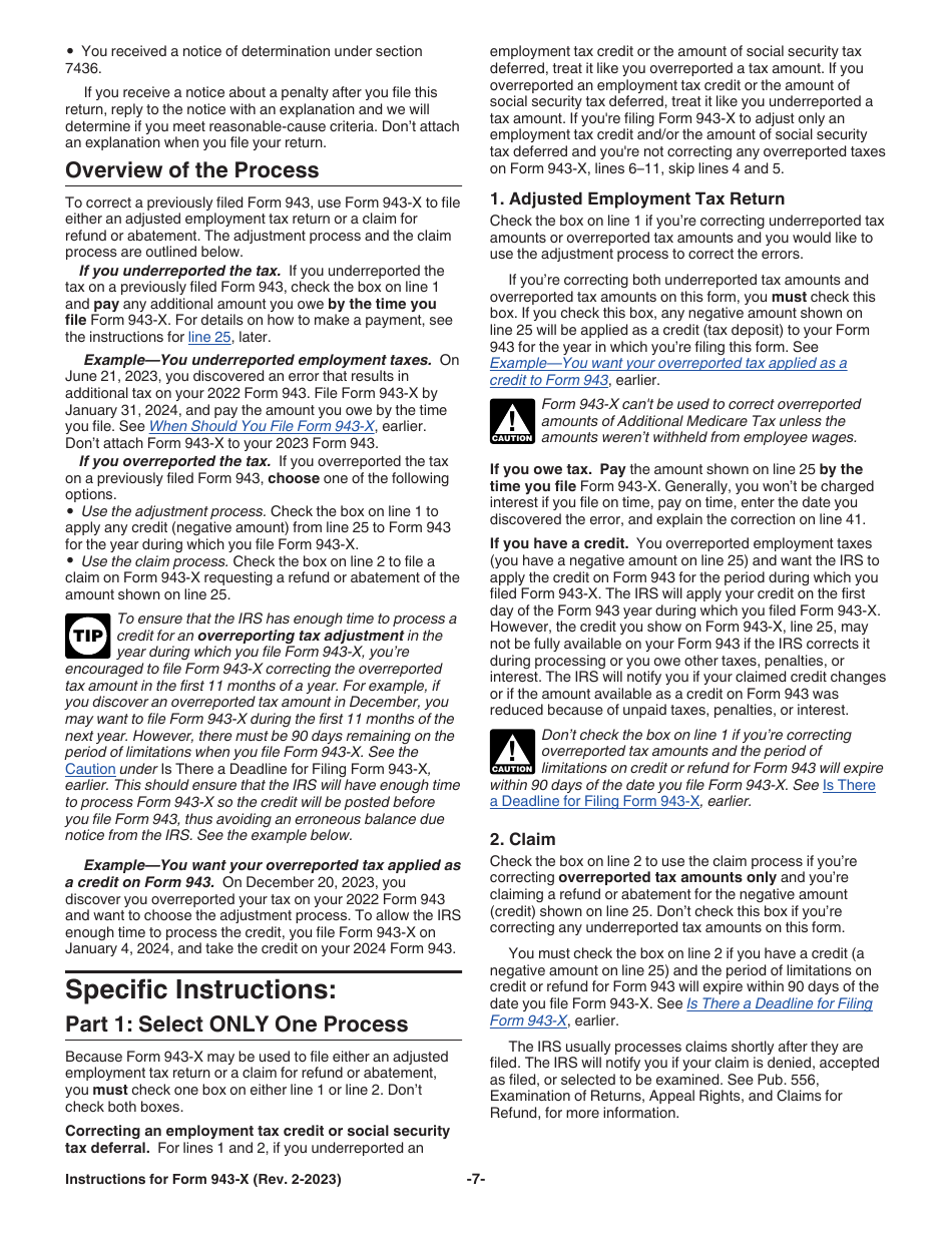 Instructions for IRS Form 943-X Adjusted Employers Annual Federal Tax Return for Agricultural Employees or Claim for Refund, Page 7