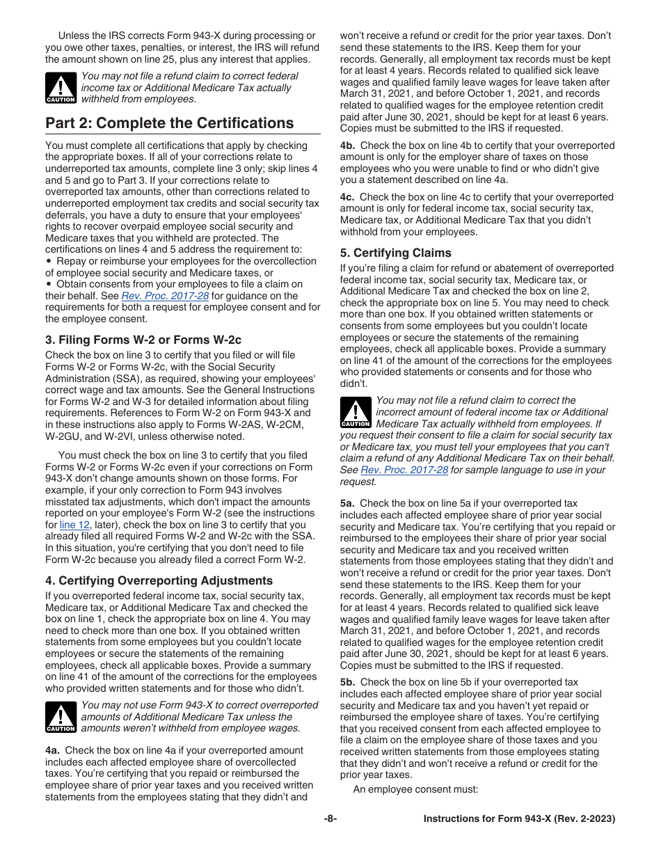 Instructions for IRS Form 943-X Adjusted Employers Annual Federal Tax Return for Agricultural Employees or Claim for Refund, Page 8