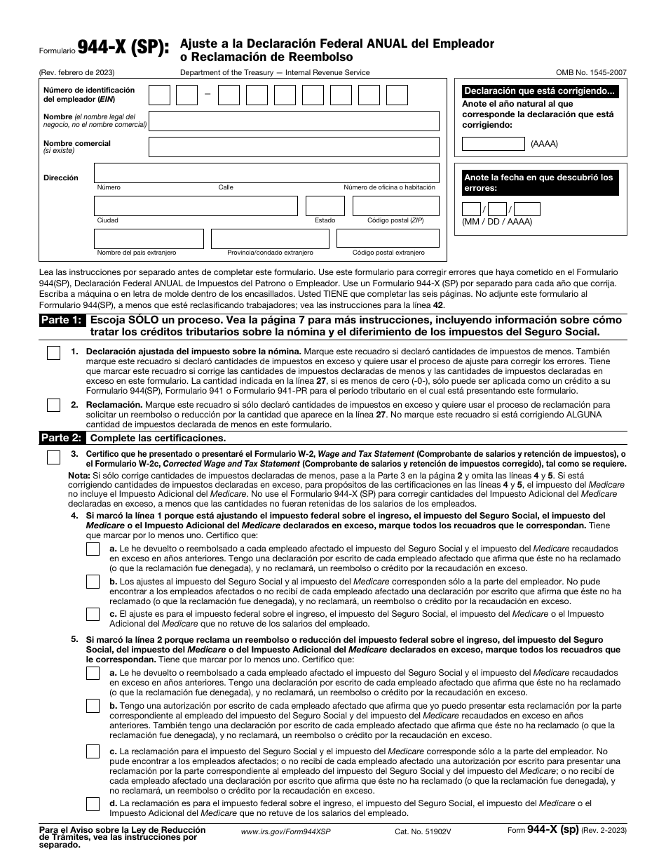 IRS Formulario 944-X (SP) Ajuste a La Declaracion Federal Anual Del Empleador O Reclamacion De Reembolso (Puerto Rican Spanish), Page 1