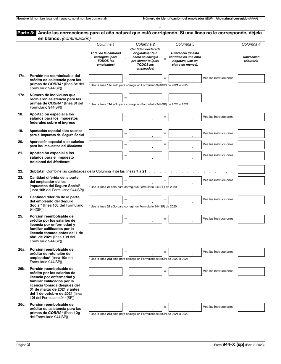 IRS Formulario 944-X (SP) Ajuste a La Declaracion Federal Anual Del Empleador O Reclamacion De Reembolso (Puerto Rican Spanish), Page 3