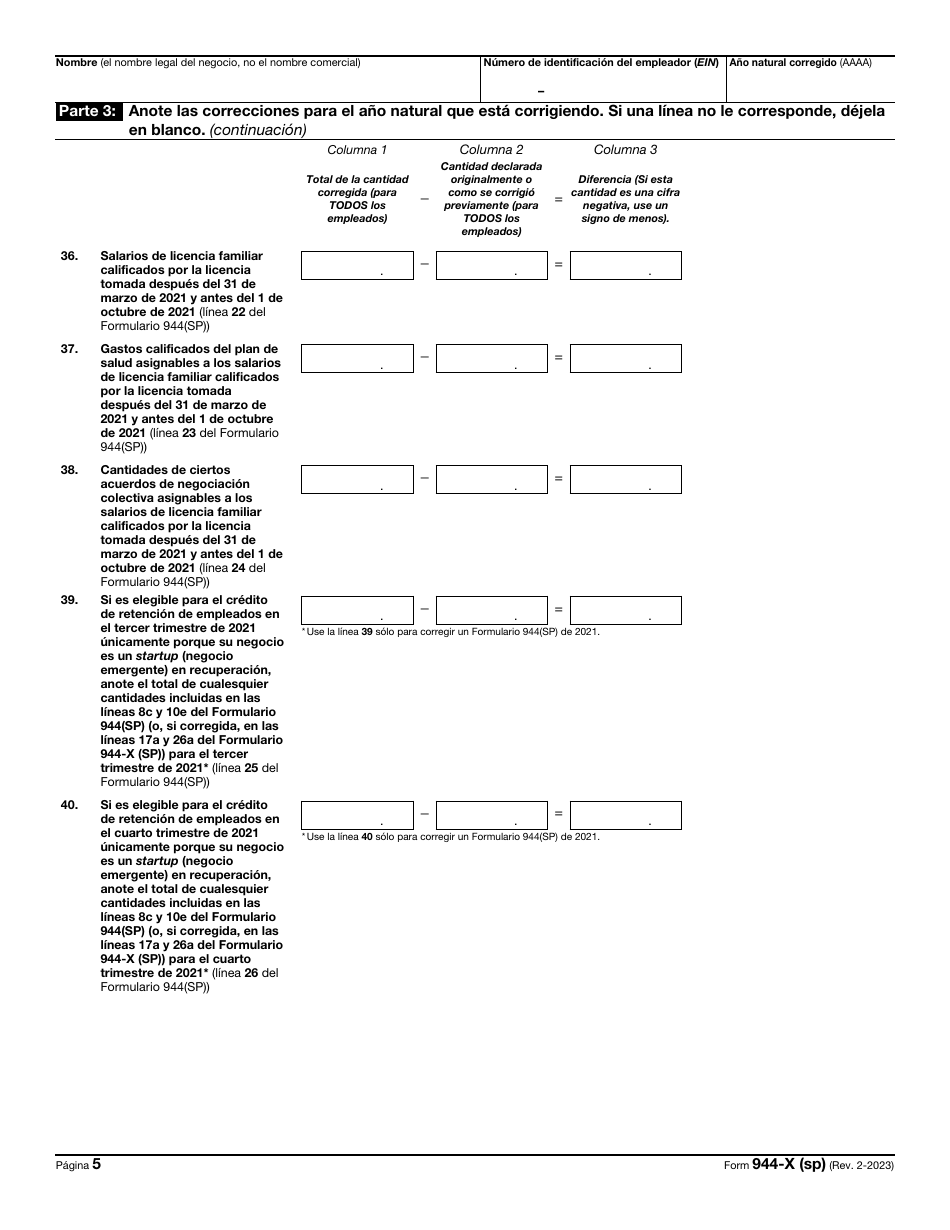 IRS Formulario 944-X (SP) Ajuste a La Declaracion Federal Anual Del Empleador O Reclamacion De Reembolso (Puerto Rican Spanish), Page 5