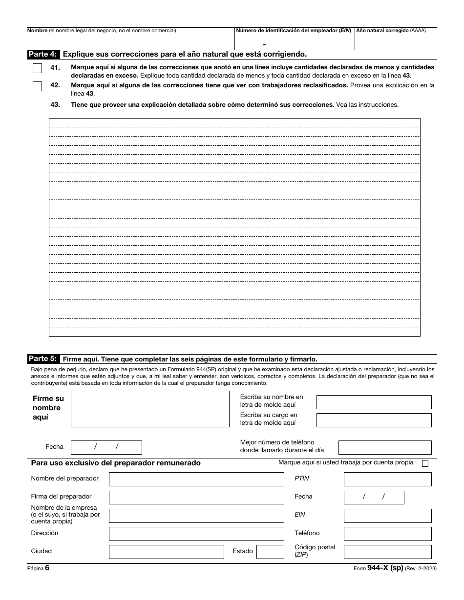 IRS Formulario 944-X (SP) Ajuste a La Declaracion Federal Anual Del Empleador O Reclamacion De Reembolso (Puerto Rican Spanish), Page 6