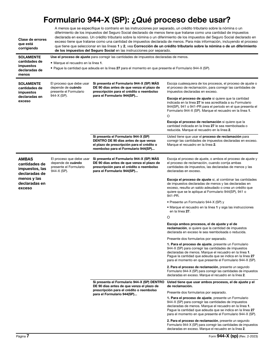 IRS Formulario 944-X (SP) Ajuste a La Declaracion Federal Anual Del Empleador O Reclamacion De Reembolso (Puerto Rican Spanish), Page 7