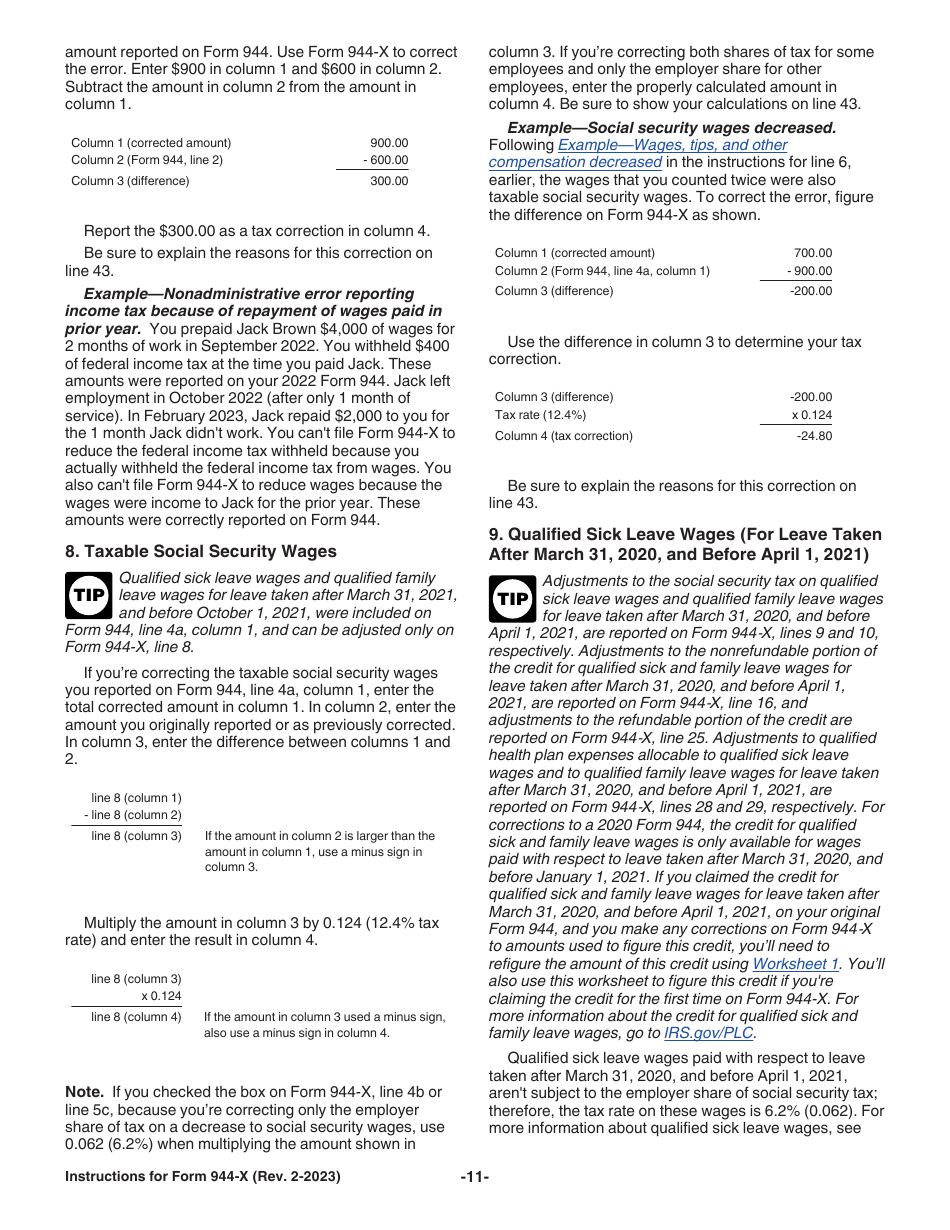 Instructions for IRS Form 944-X Adjusted Employers Annual Federal Tax Return or Claim for Refund, Page 11