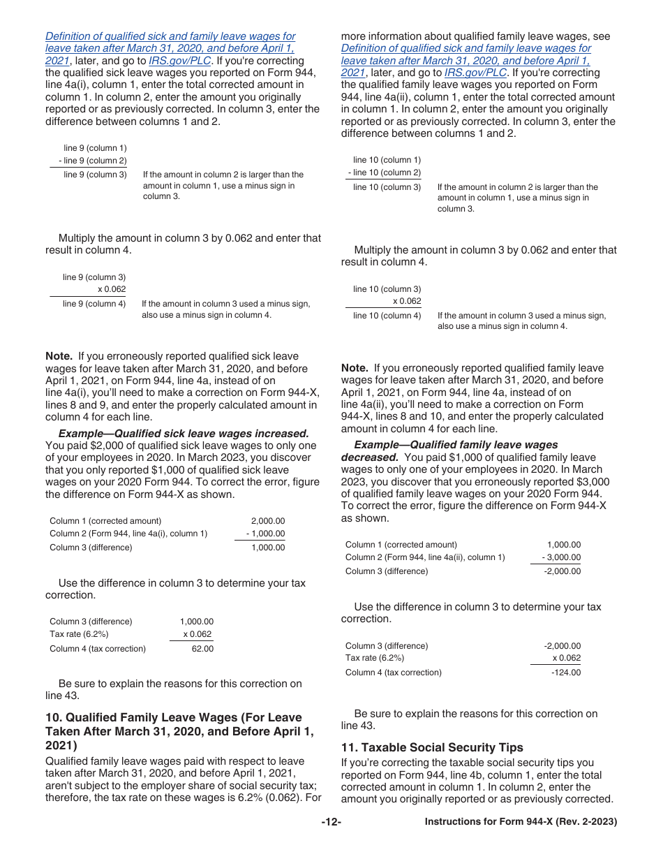 Instructions for IRS Form 944-X Adjusted Employers Annual Federal Tax Return or Claim for Refund, Page 12