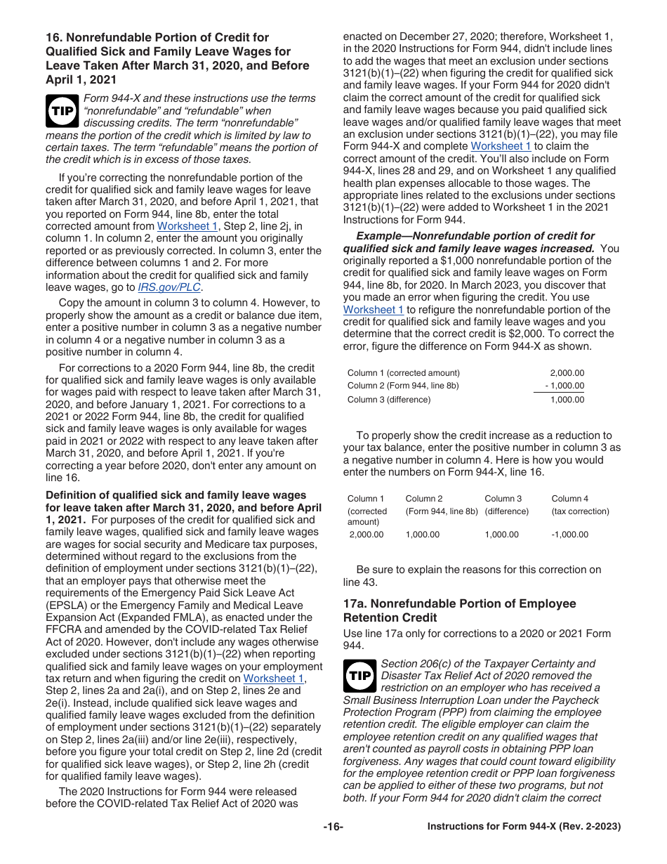 Instructions for IRS Form 944-X Adjusted Employers Annual Federal Tax Return or Claim for Refund, Page 16