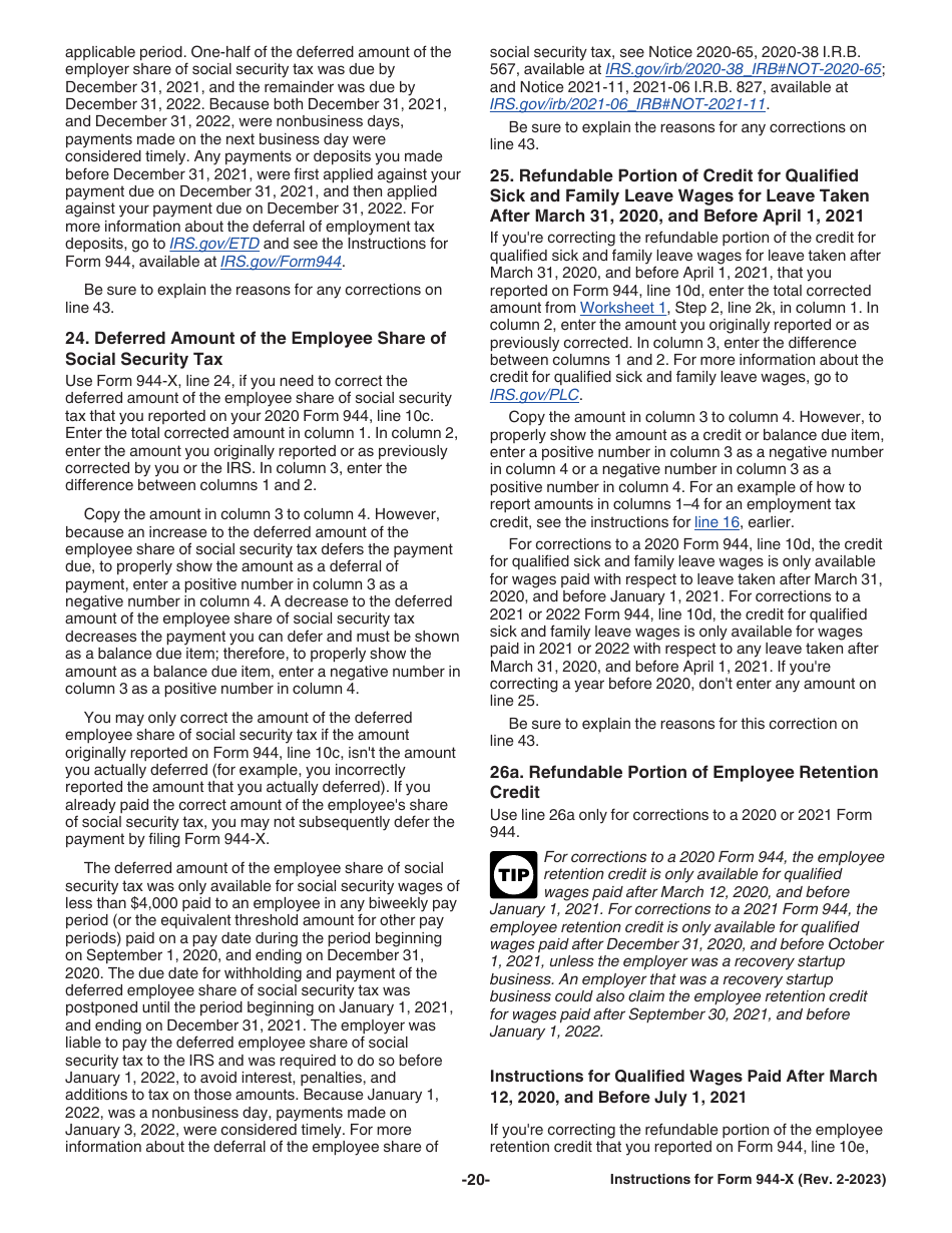 Instructions for IRS Form 944-X Adjusted Employers Annual Federal Tax Return or Claim for Refund, Page 20
