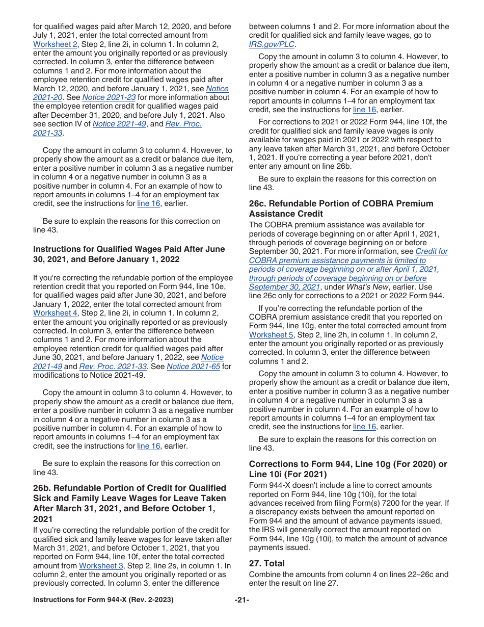 Instructions for IRS Form 944-X Adjusted Employers Annual Federal Tax Return or Claim for Refund, Page 21