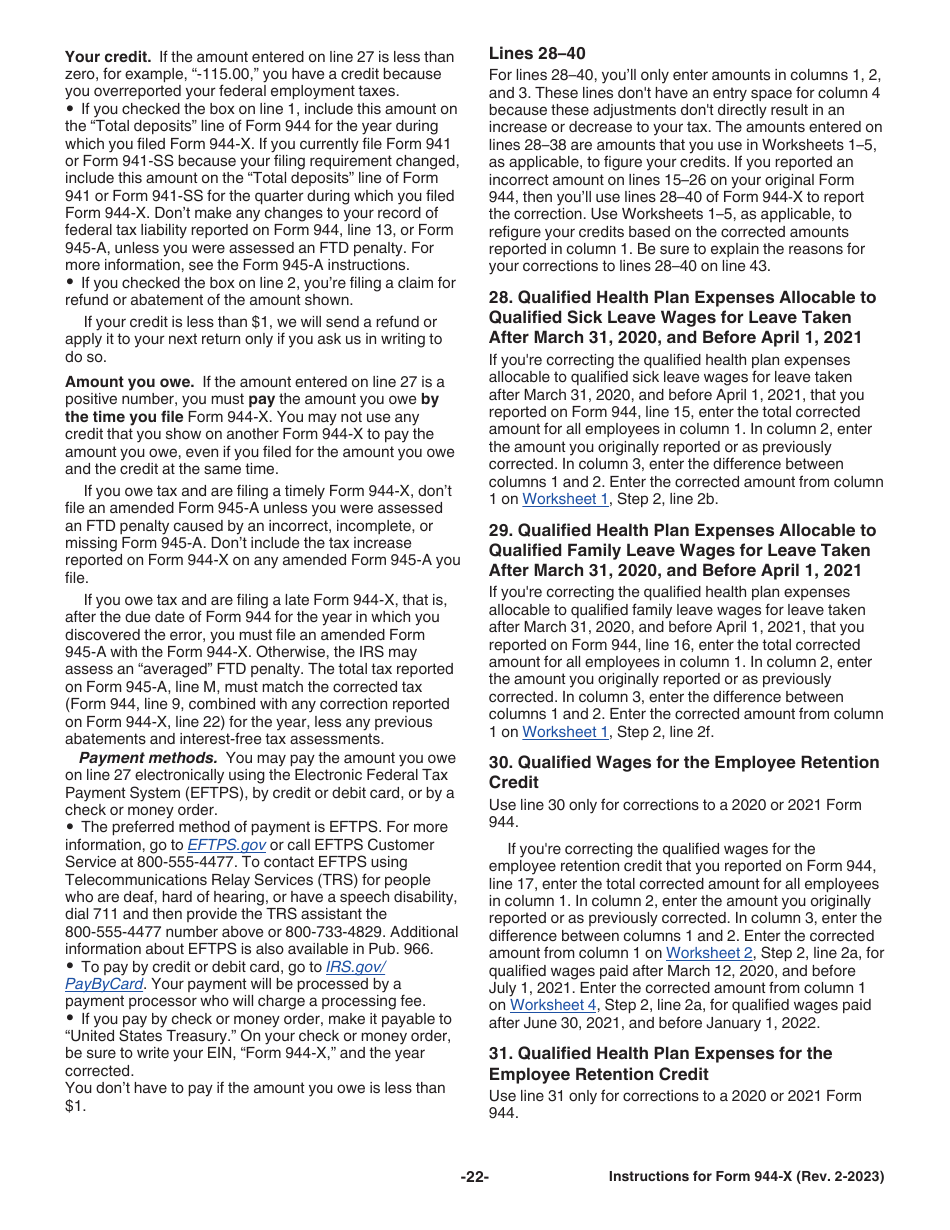 Instructions for IRS Form 944-X Adjusted Employers Annual Federal Tax Return or Claim for Refund, Page 22