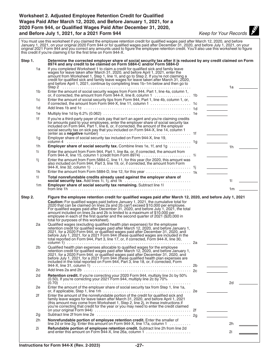 Instructions for IRS Form 944-X Adjusted Employers Annual Federal Tax Return or Claim for Refund, Page 27