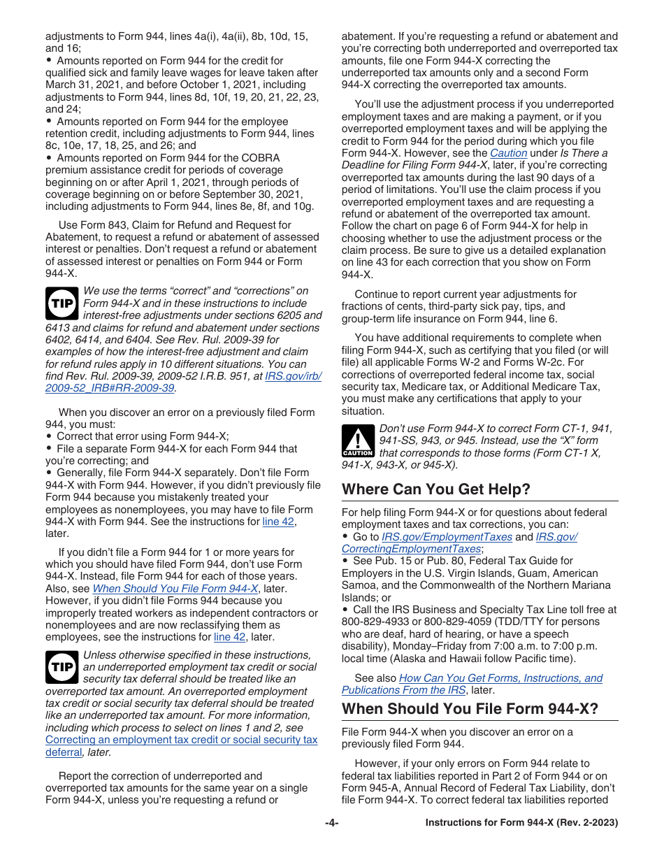 Instructions for IRS Form 944-X Adjusted Employers Annual Federal Tax Return or Claim for Refund, Page 4