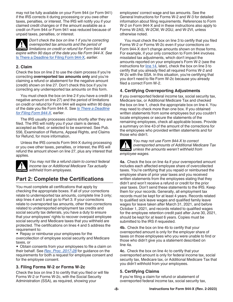 Instructions for IRS Form 944-X Adjusted Employers Annual Federal Tax Return or Claim for Refund, Page 8
