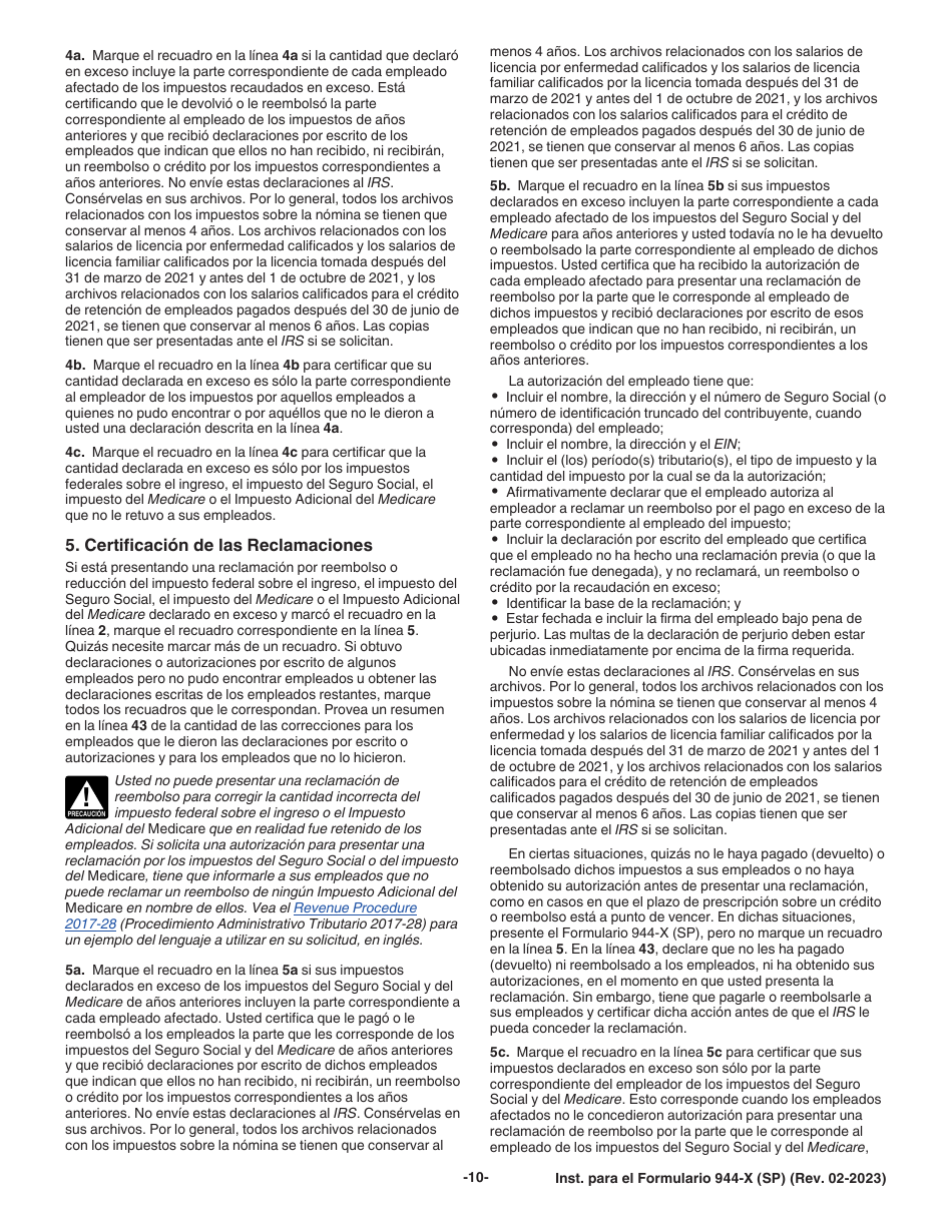 Instrucciones para IRS Formulario 944-X (SP) Ajuste a La Declaracion Federal Anual De Impuestos Del Empleador O Reclamacion De Reembolso (Spanish), Page 10