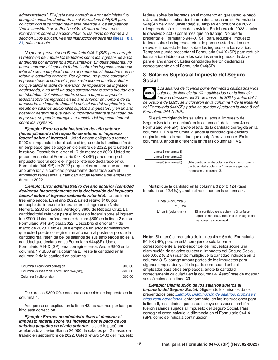 Instrucciones para IRS Formulario 944-X (SP) Ajuste a La Declaracion Federal Anual De Impuestos Del Empleador O Reclamacion De Reembolso (Spanish), Page 12