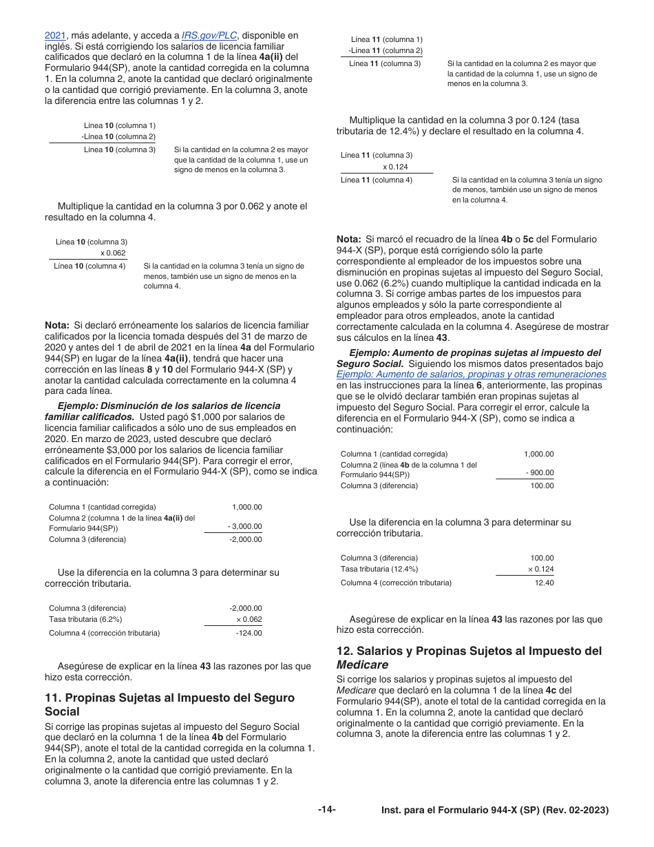 Instrucciones para IRS Formulario 944-X (SP) Ajuste a La Declaracion Federal Anual De Impuestos Del Empleador O Reclamacion De Reembolso (Spanish), Page 14