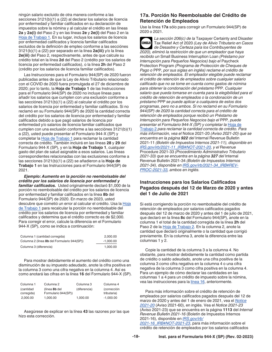 Instrucciones para IRS Formulario 944-X (SP) Ajuste a La Declaracion Federal Anual De Impuestos Del Empleador O Reclamacion De Reembolso (Spanish), Page 18