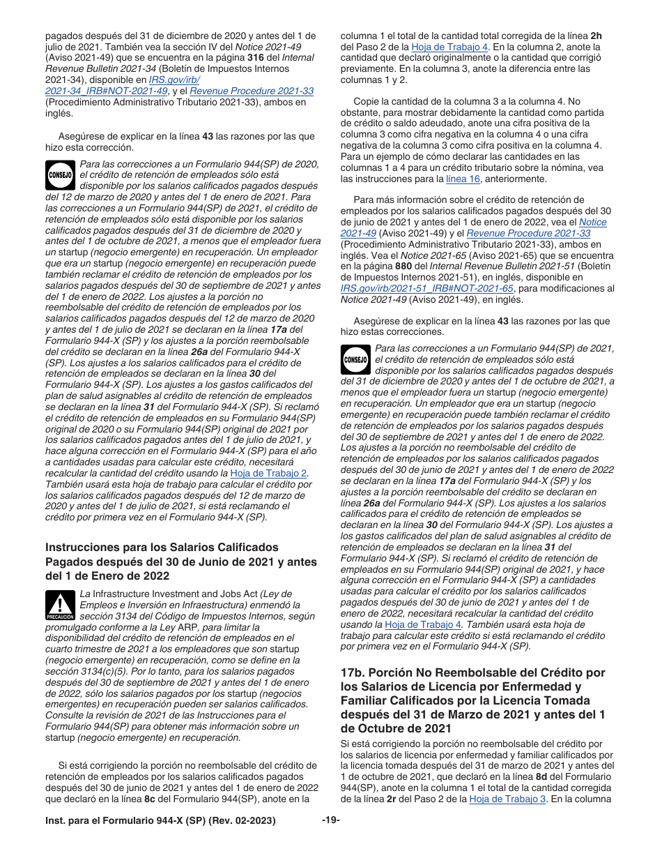 Instrucciones para IRS Formulario 944-X (SP) Ajuste a La Declaracion Federal Anual De Impuestos Del Empleador O Reclamacion De Reembolso (Spanish), Page 19