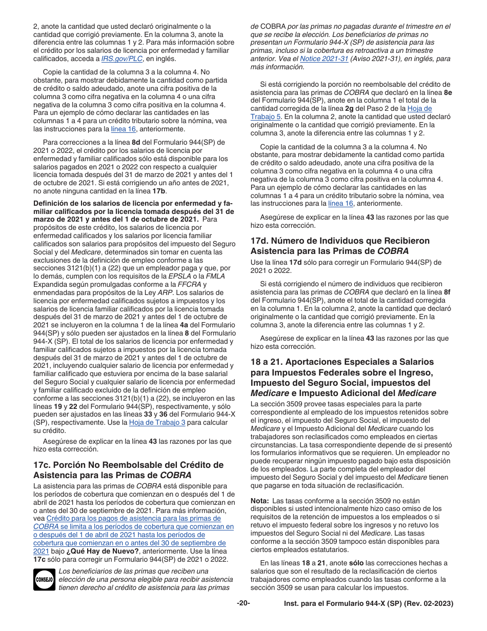Instrucciones para IRS Formulario 944-X (SP) Ajuste a La Declaracion Federal Anual De Impuestos Del Empleador O Reclamacion De Reembolso (Spanish), Page 20