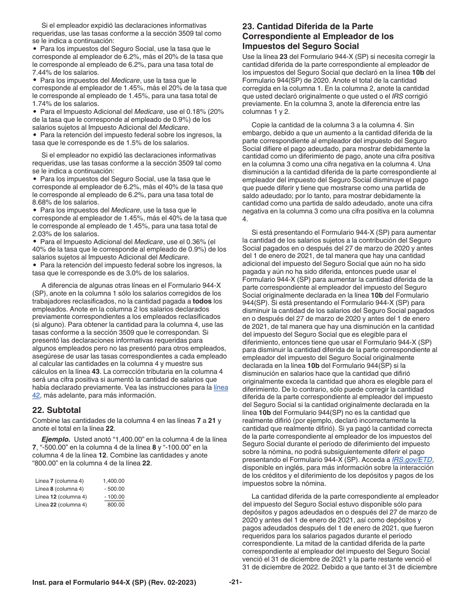 Instrucciones para IRS Formulario 944-X (SP) Ajuste a La Declaracion Federal Anual De Impuestos Del Empleador O Reclamacion De Reembolso (Spanish), Page 21