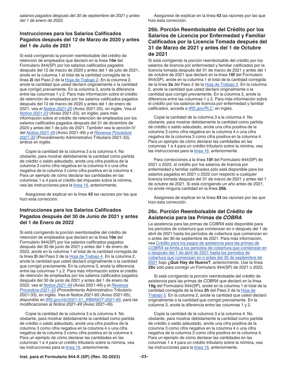 Instrucciones para IRS Formulario 944-X (SP) Ajuste a La Declaracion Federal Anual De Impuestos Del Empleador O Reclamacion De Reembolso (Spanish), Page 23