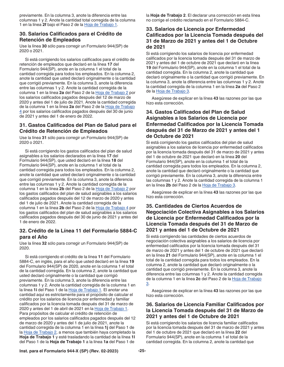 Instrucciones para IRS Formulario 944-X (SP) Ajuste a La Declaracion Federal Anual De Impuestos Del Empleador O Reclamacion De Reembolso (Spanish), Page 25