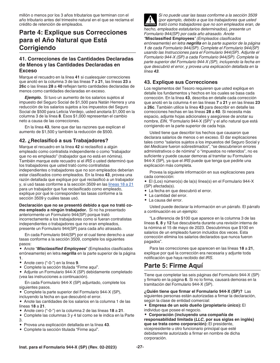 Instrucciones para IRS Formulario 944-X (SP) Ajuste a La Declaracion Federal Anual De Impuestos Del Empleador O Reclamacion De Reembolso (Spanish), Page 27