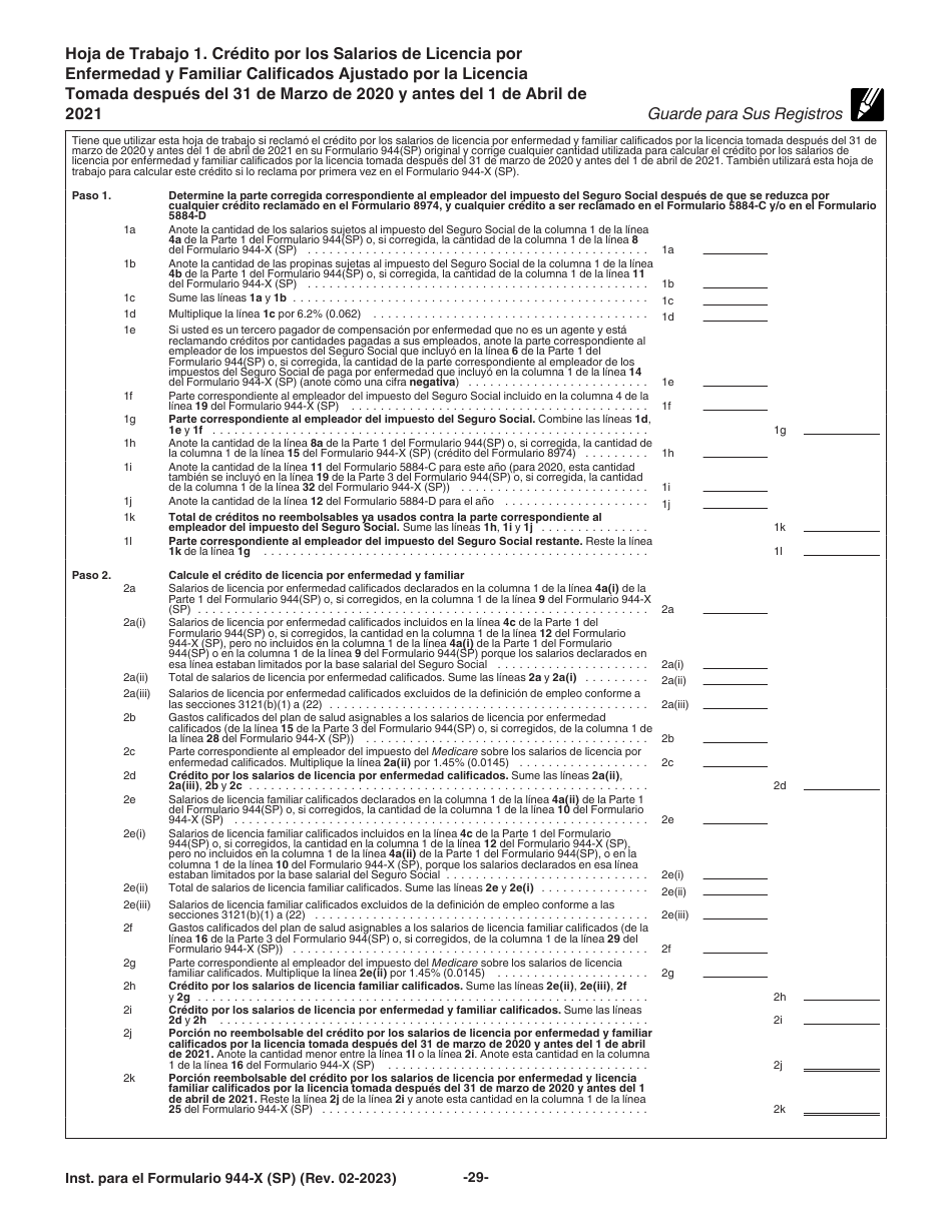 Instrucciones para IRS Formulario 944-X (SP) Ajuste a La Declaracion Federal Anual De Impuestos Del Empleador O Reclamacion De Reembolso (Spanish), Page 29