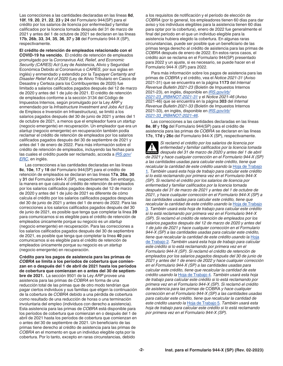 Instrucciones para IRS Formulario 944-X (SP) Ajuste a La Declaracion Federal Anual De Impuestos Del Empleador O Reclamacion De Reembolso (Spanish), Page 2