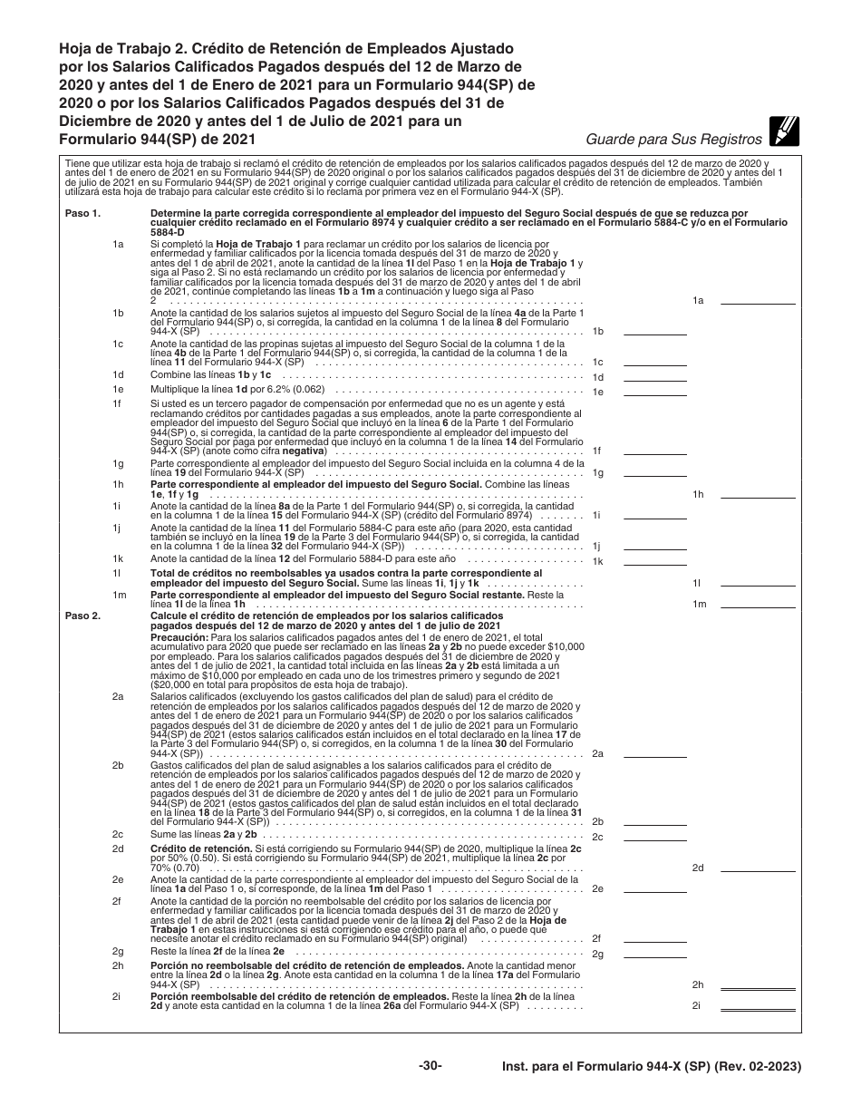 Instrucciones para IRS Formulario 944-X (SP) Ajuste a La Declaracion Federal Anual De Impuestos Del Empleador O Reclamacion De Reembolso (Spanish), Page 30