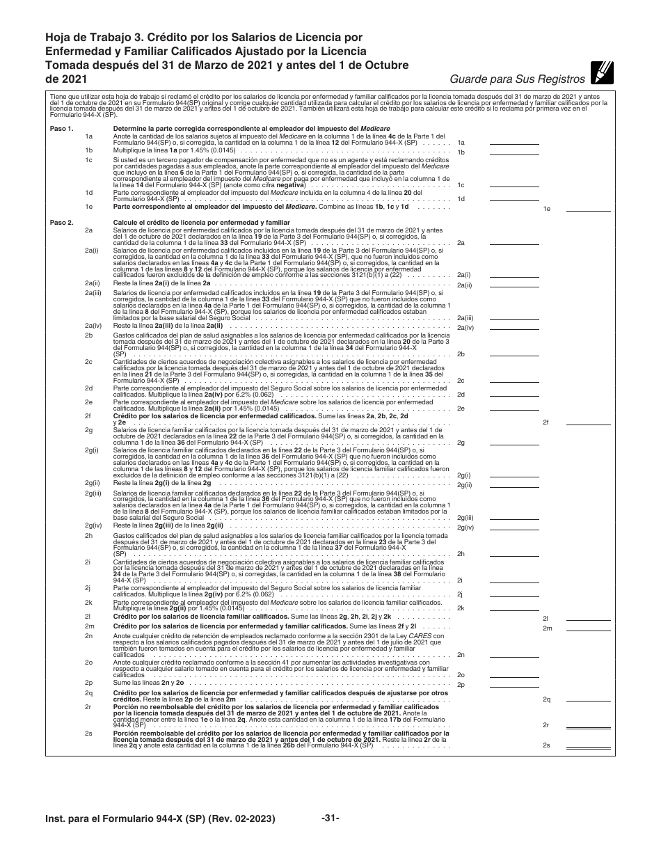 Instrucciones para IRS Formulario 944-X (SP) Ajuste a La Declaracion Federal Anual De Impuestos Del Empleador O Reclamacion De Reembolso (Spanish), Page 31
