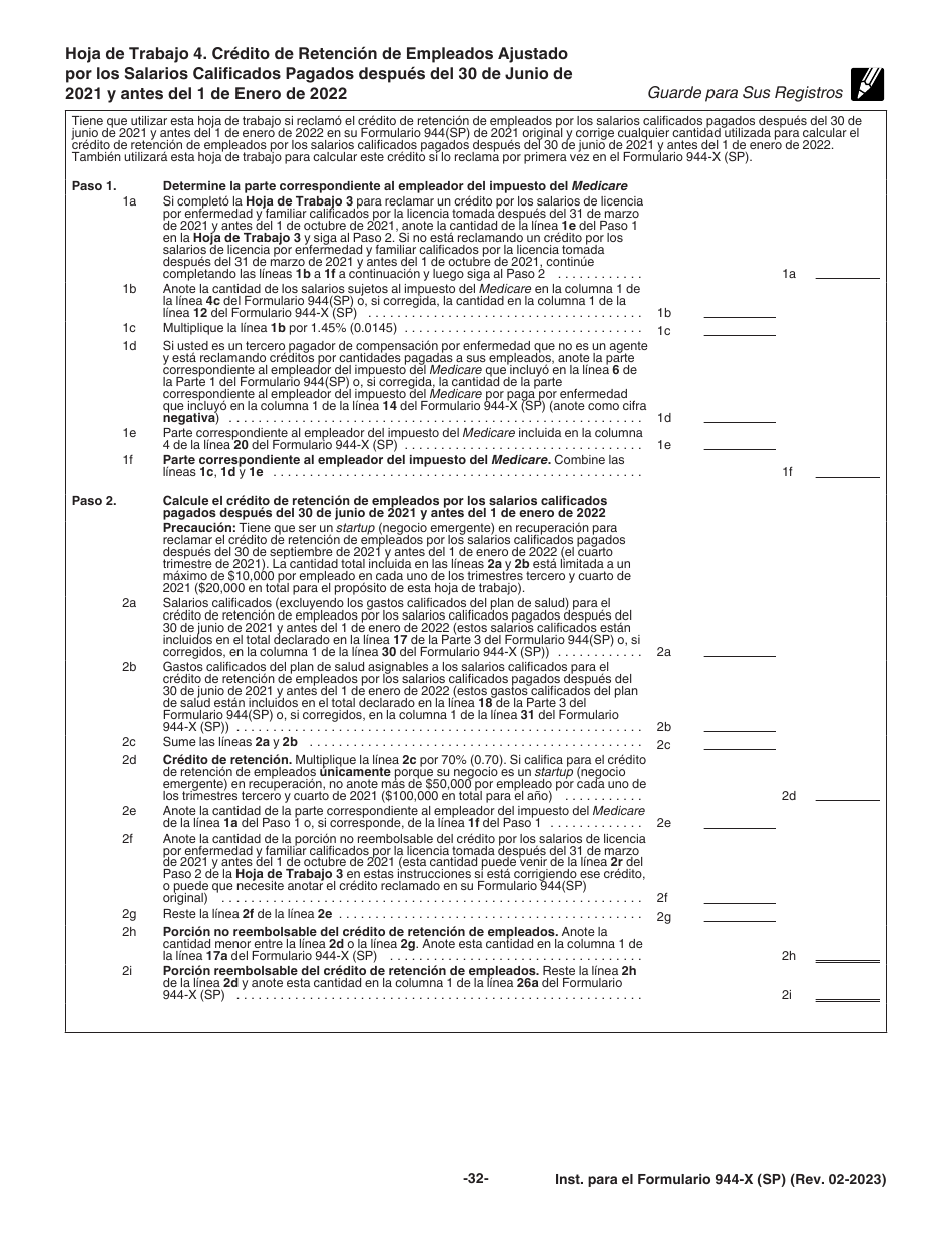 Instrucciones para IRS Formulario 944-X (SP) Ajuste a La Declaracion Federal Anual De Impuestos Del Empleador O Reclamacion De Reembolso (Spanish), Page 32