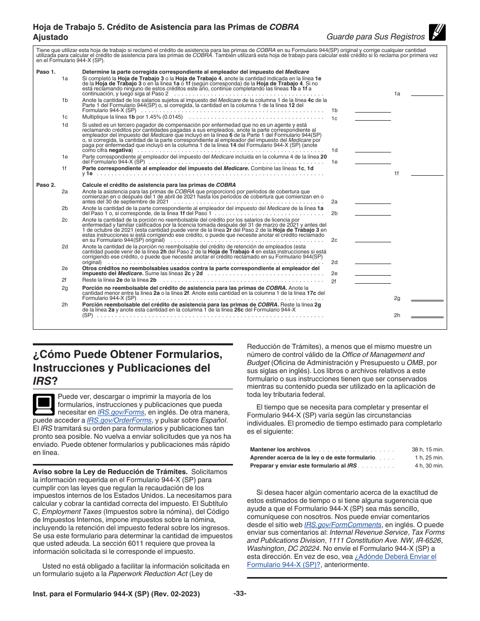 Instrucciones para IRS Formulario 944-X (SP) Ajuste a La Declaracion Federal Anual De Impuestos Del Empleador O Reclamacion De Reembolso (Spanish), Page 33