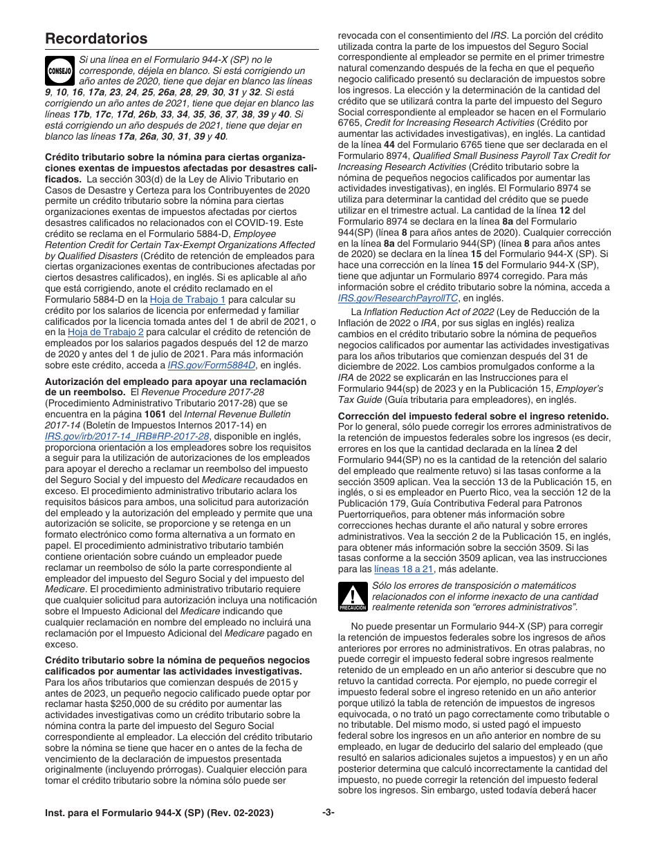 Instrucciones para IRS Formulario 944-X (SP) Ajuste a La Declaracion Federal Anual De Impuestos Del Empleador O Reclamacion De Reembolso (Spanish), Page 3