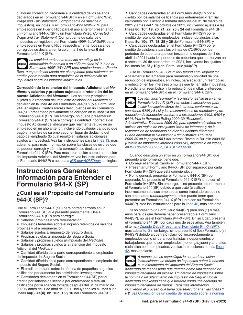 Instrucciones para IRS Formulario 944-X (SP) Ajuste a La Declaracion Federal Anual De Impuestos Del Empleador O Reclamacion De Reembolso (Spanish), Page 4