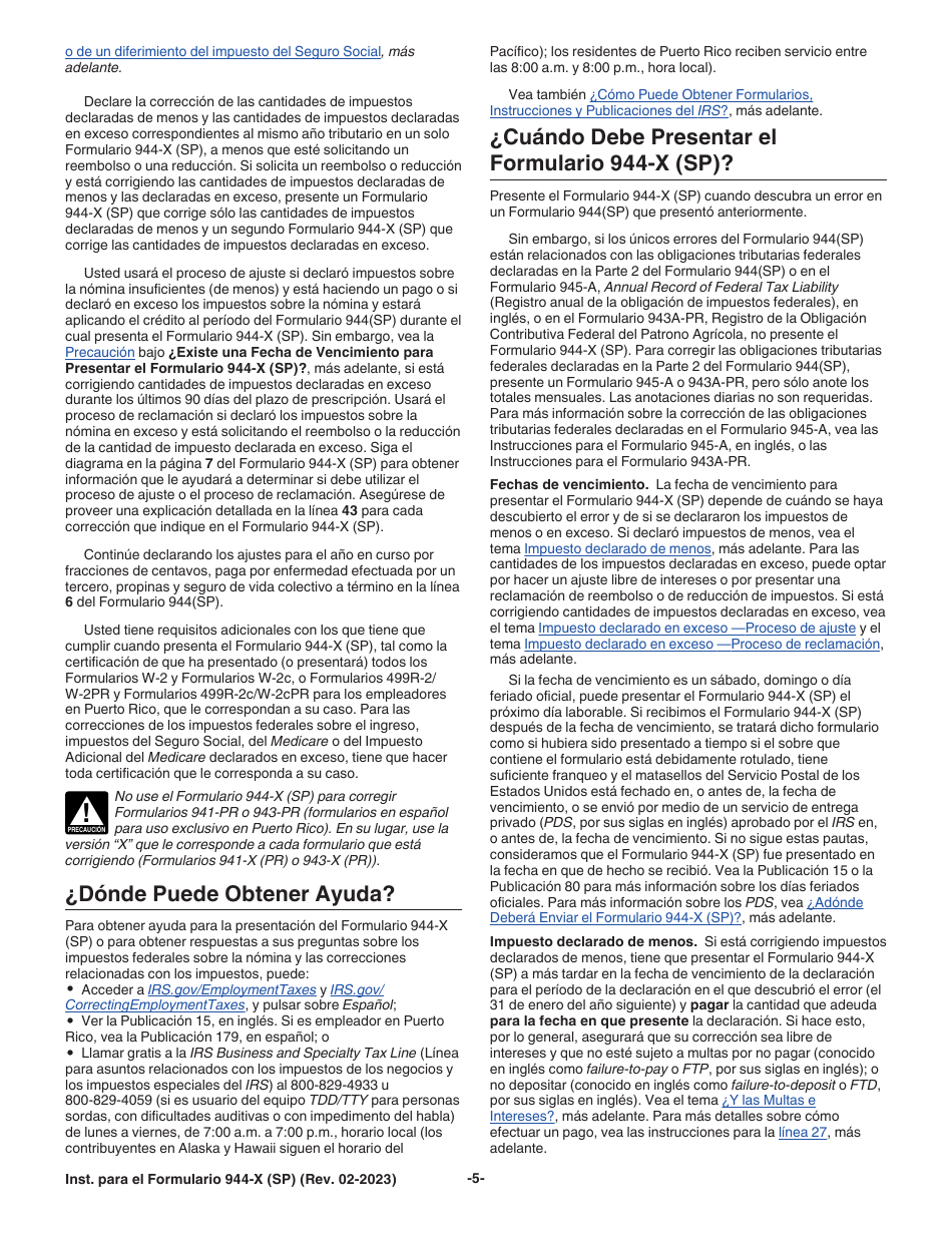 Instrucciones para IRS Formulario 944-X (SP) Ajuste a La Declaracion Federal Anual De Impuestos Del Empleador O Reclamacion De Reembolso (Spanish), Page 5