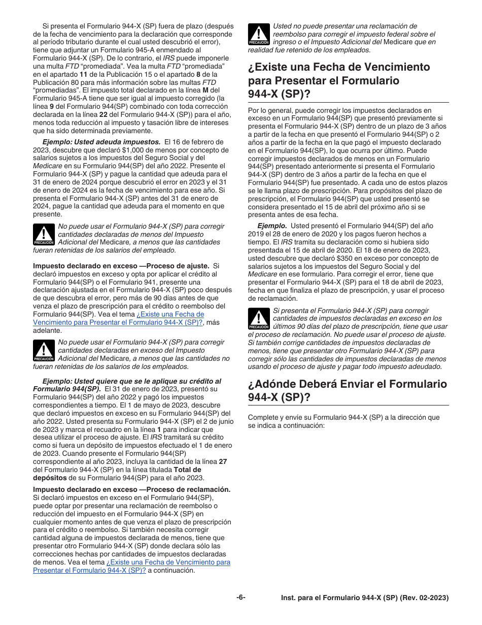 Instrucciones para IRS Formulario 944-X (SP) Ajuste a La Declaracion Federal Anual De Impuestos Del Empleador O Reclamacion De Reembolso (Spanish), Page 6