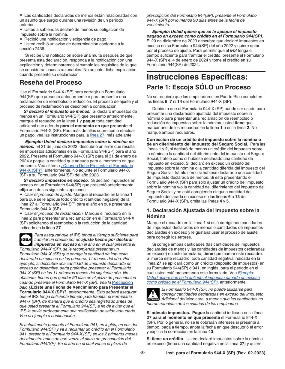 Instrucciones para IRS Formulario 944-X (SP) Ajuste a La Declaracion Federal Anual De Impuestos Del Empleador O Reclamacion De Reembolso (Spanish), Page 8