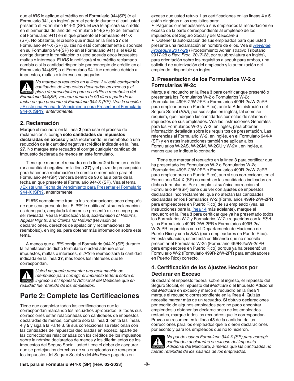 Instrucciones para IRS Formulario 944-X (SP) Ajuste a La Declaracion Federal Anual De Impuestos Del Empleador O Reclamacion De Reembolso (Spanish), Page 9