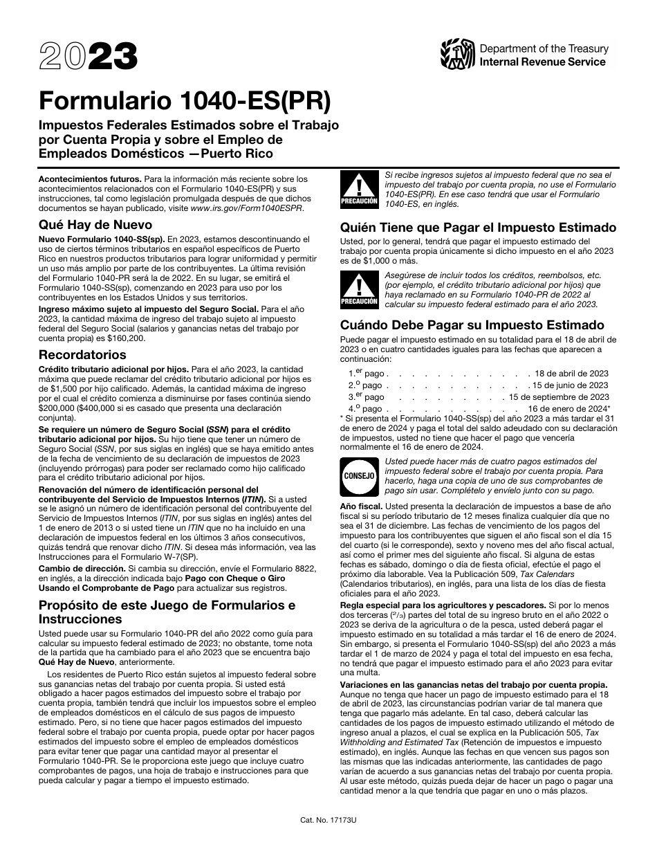IRS Formulario 1040-ES (PR) Impuestos Federales Estimados Sobre El Trabajo Por Cuenta Propia Y Sobre El Empleo De Empleados Domesticos - Puerto Rico (Puerto Rican Spanish), Page 1