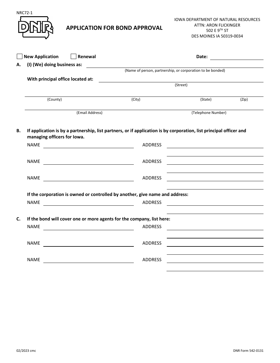 DNR Form 542-0131 Application for Bond Approval - Iowa, Page 1